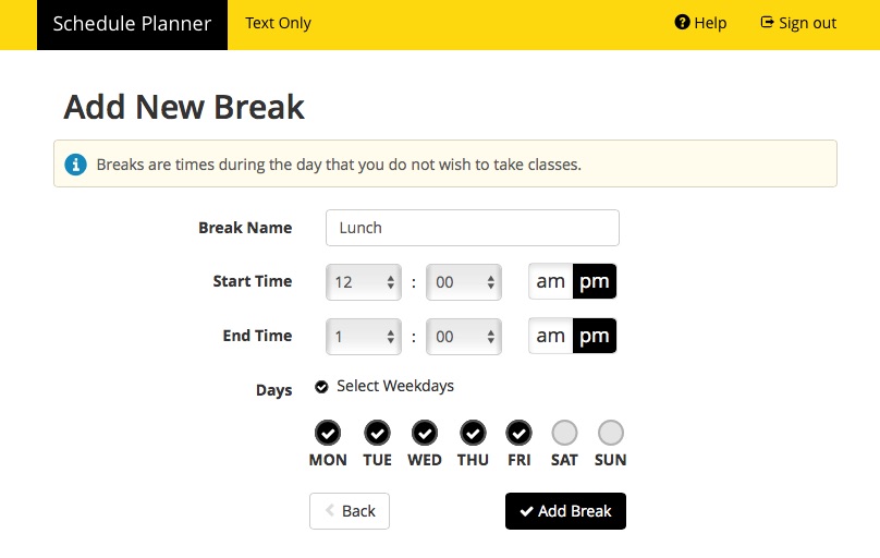 Screenshot of Schedule Planner > Breaks (with fields filled)