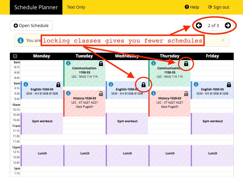 Screenshot of Schedule Planner > Sample Schedule (lock icons highlighted).  This is also the calendar view of your schedule, with LOCK icons highlighted