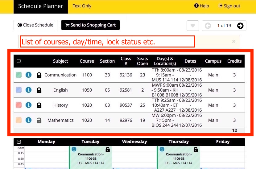 Screenshot of Schedule Planner > Schedule (detail view).  Shows List of courses, day and time, lock status, etc.