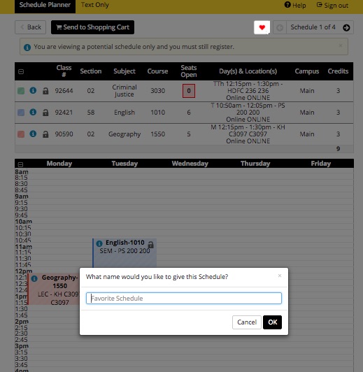 Screenshot of Schedule Planner > Schedule (detail view).  This highlights the FAVORITE button near the top right of the screen and shows a popup box where you can name this Favorite schedule
